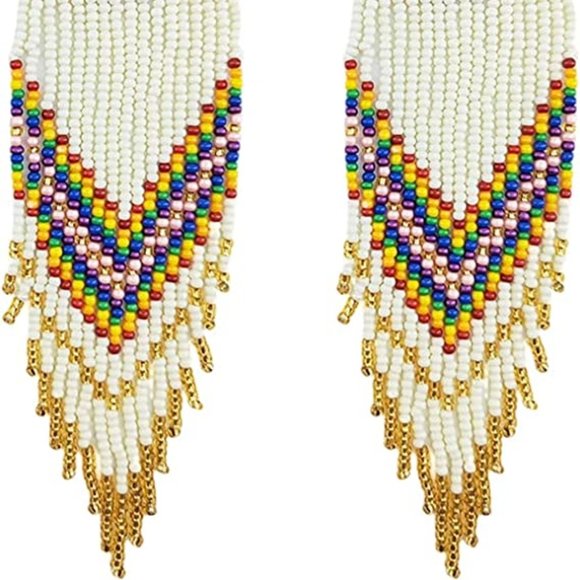 Long 5.5" Rainbow Multicolor & White Earrings Colorful Beaded Oversized Bohemian - Picture 5 of 8